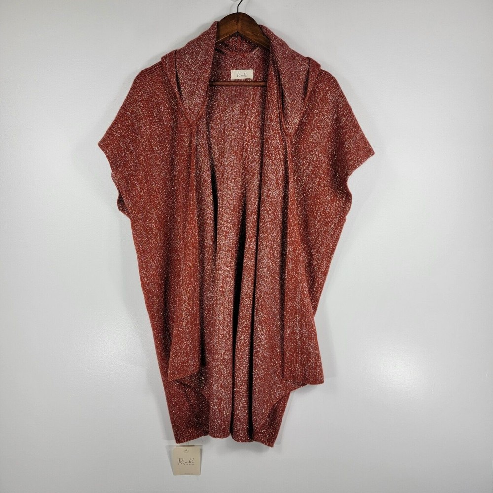 Riah Fashion Red Orange Metallic Open Front Hooded‎ Cardigan Cape